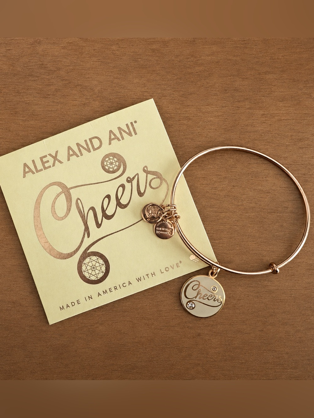 Alex and Ani Rose Gold Cheers Charm Bangle with Cream Accent